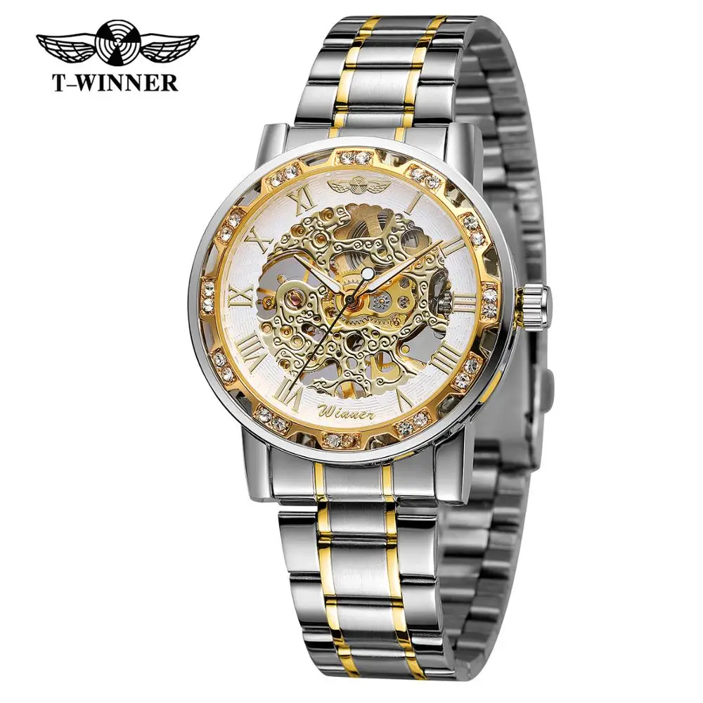 

2021T WINNER Men Waterproof Stainless Steel Golden Automatic Skeleton Watch Mechanicalfor Men's Casual Fashion Watches 4181