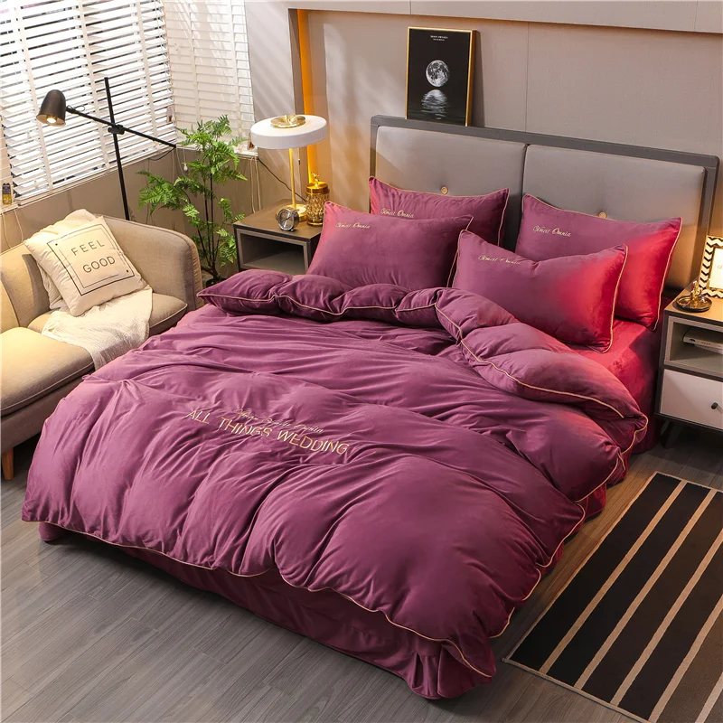 

4 шт., Хрустальная в стиле модерн бархатная кровать с вышивкой, пододеяльник, простыня, наволочки, твердая бобовая паста, розовый, желтый