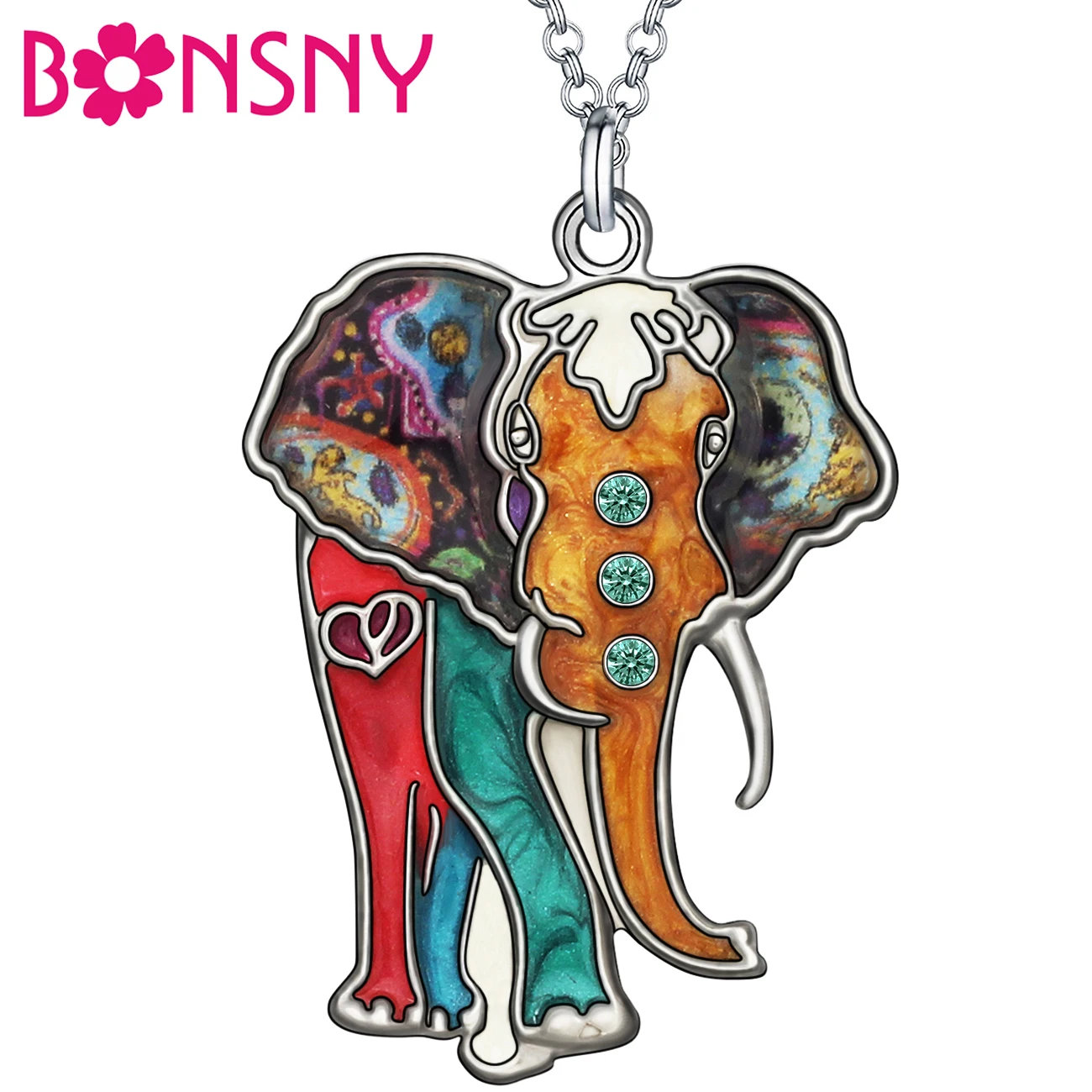 

BONSNY Enamel Alloy Rhinestone Floral Africa Elephant Necklace Pendant Chain Trendy Jewelry For Women Girls Teens Charm Gifts