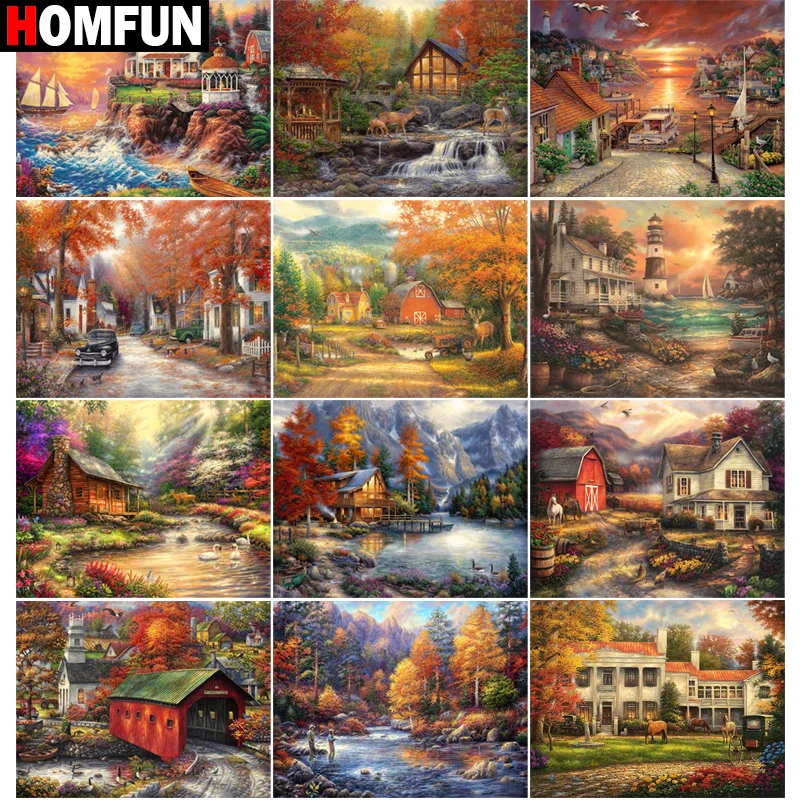 

Картина из квадратных и круглых страз HOMFUN, 5D алмазная вышивка, экологичные поделки, «домики С закатом и деревом», домашний декор