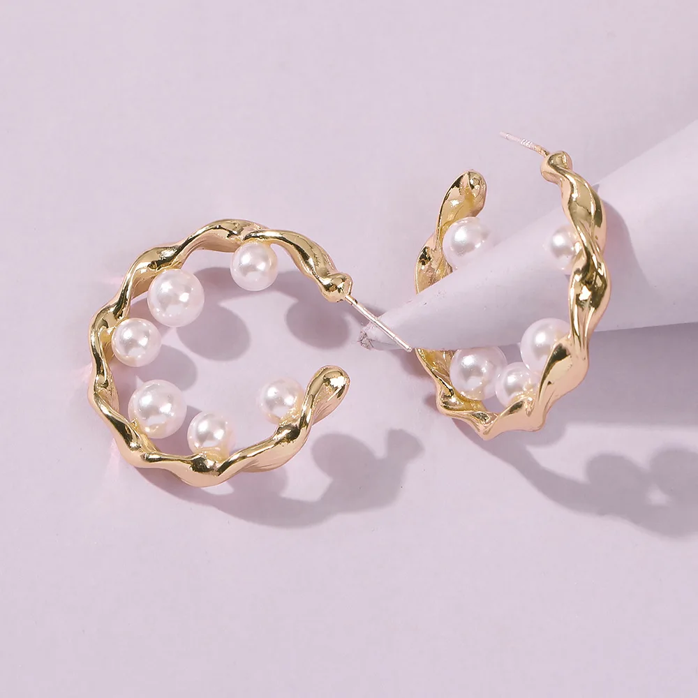 

Matte Gold Color Pearl Earrings for Women Kpop Vintage Geometric Circle Hoop Earrings Elegant Bohemia Girls Ear Rings Jewelry