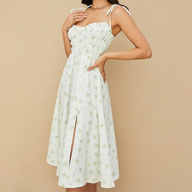 

Lace-up Shoulder Sleeveless Korea Women Bohemian Beach Casual Dress Mid-calf Length Split Elegant Ladies Holiday Dress Clothes
