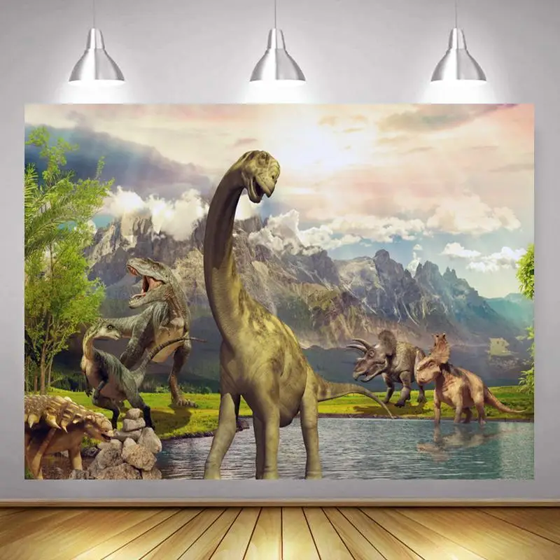 

Alpine Grassland Small Lake Dinosaur World Cartoon Background Photo Children Birthday Party Decorated Studio Photography Scene
