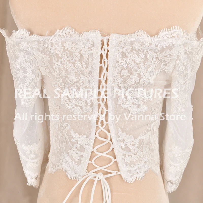 

Wedding Lace Crop Top Off The Shoulder Half Sleeves Corset Jacket Bridal Gown Cropped Bolero Custom Made Real Photos 3166#