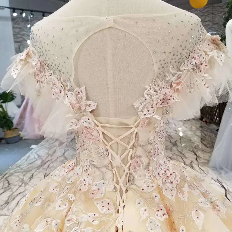 LSS182 вечернее платье цвета шампанского Длинное Пышное Платье с круглым вырезом и