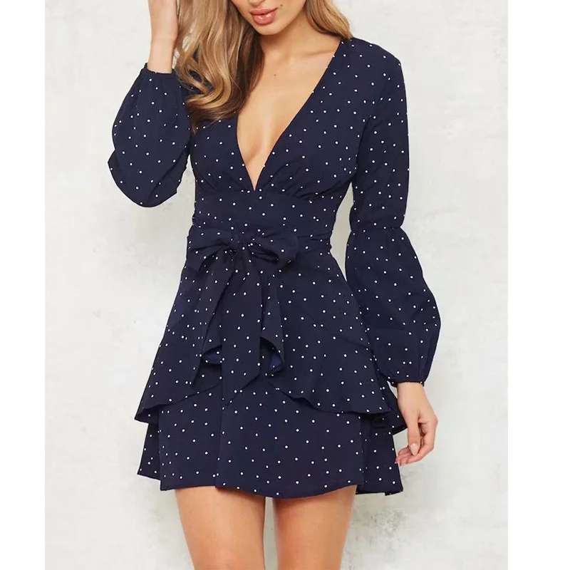 2019 модное женское платье с длинными рукавами гофрированное бантом и поясом Vestidos