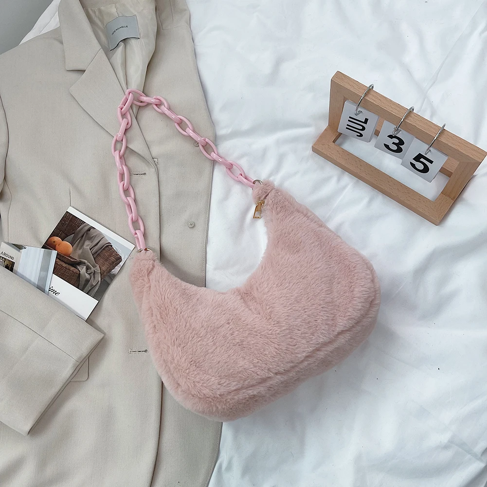 

Fashion Women's Bags Curly Plush Pure Color Hobos Casual Ladies Shoulder Bag Autumn Winter Acrylic Chain Large Capacity Handbags