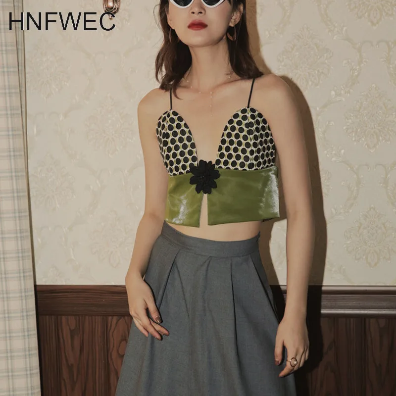 

2020 Designer Crop Top Women Cropped Cami Top Polka Dot PU Leather Peplum Green Bustier Top Fashion T586