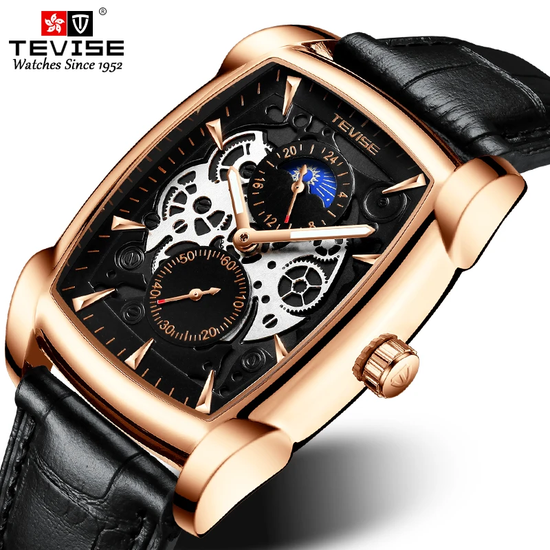 Модные мужские часы TEVISE брендовые Роскошные наручные с кожаным ремешком