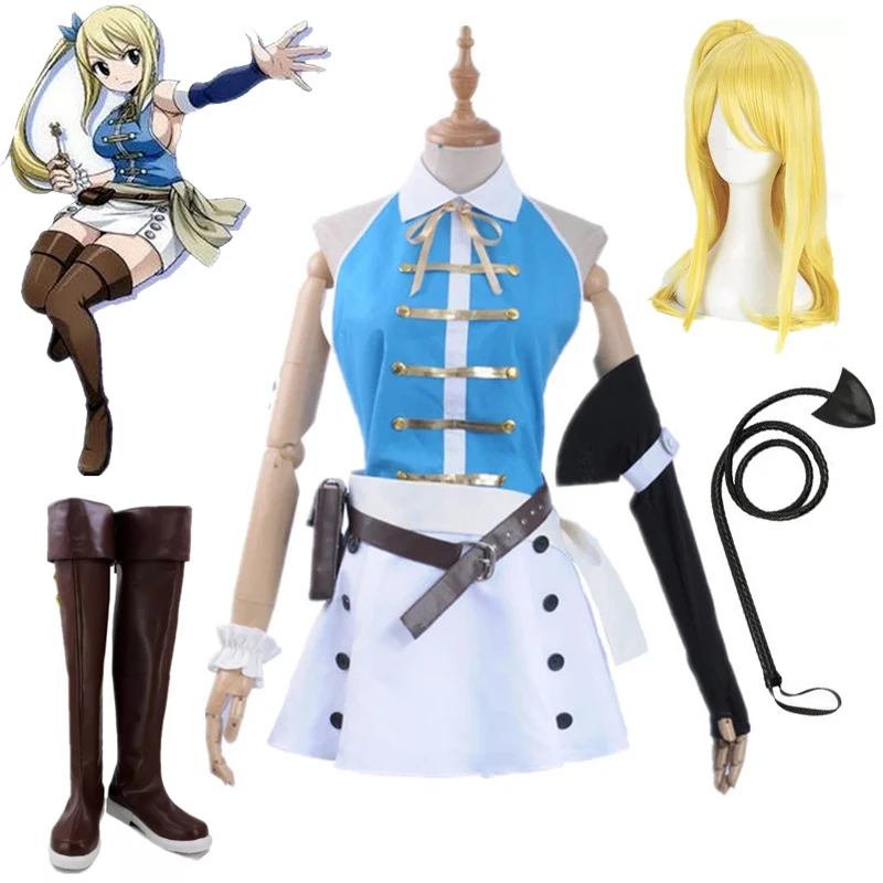 Anime Fairy Tail Cosplay Costume Lucy Heartfilia Sexy Open Back Top White Mini Skirt Socks Bag Halloween Party Props Shoes Wigs