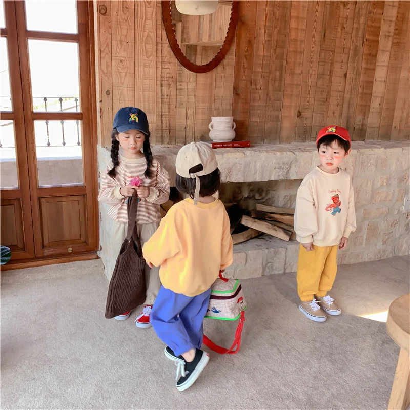 

2021 Korean Style New Autumn Kids Boys Girls Sweatershits Cartoon Bear Pullover Round Collar Hoodies Children Outfits E1142