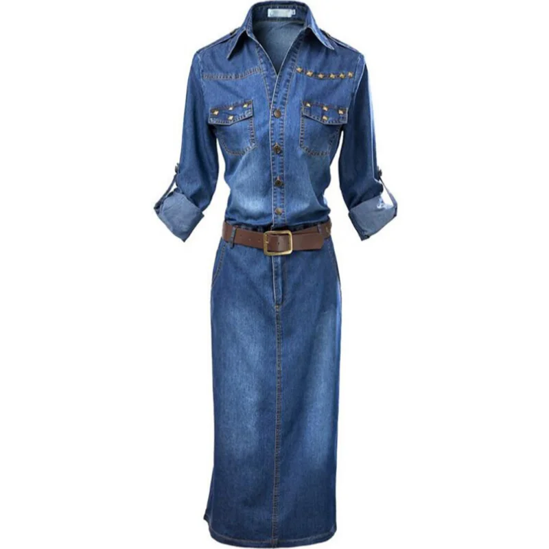 Весеннее женское джинсовое платье летнее с коротким рукавом и отворотом макси