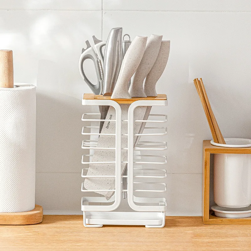 

Kitchen Accessories Knife Stand Iron Drain Holder For Knife With Tray Kitchenware Countertop Storage Organizer Knife Shelves