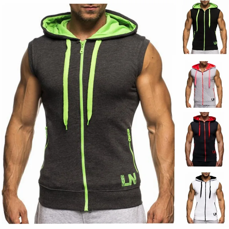 

High Quality Plus Size Men Sport Fitness Zipper Vest Hoodie Sleeveless Pocket Hoodie