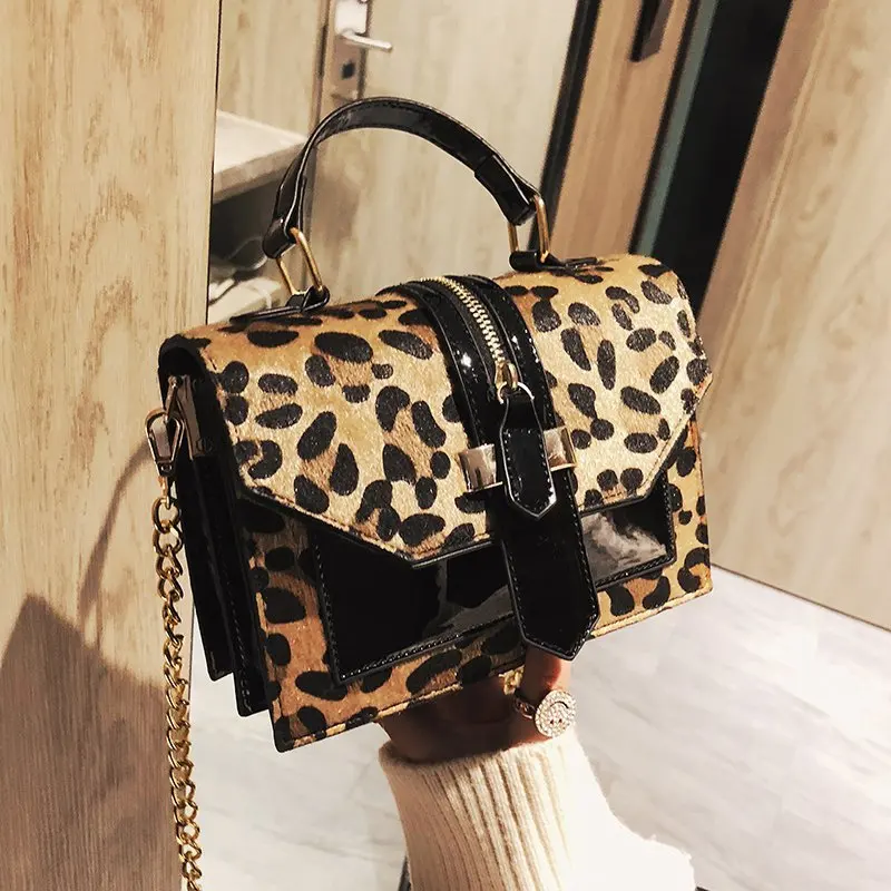 

Leopard Crossbody Bags for Women 2021 New Top Handle Bags Vintage Chain Patent Leather Baguette Bag Luxury Shoulder Bag Woman