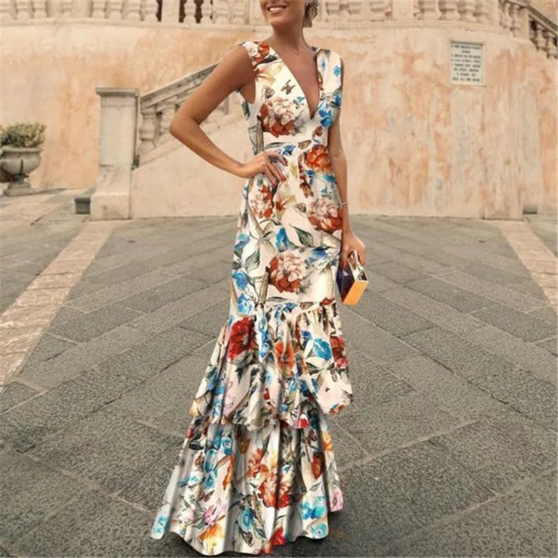 

2020 Summer Womens Bohemian Print sleeveless Ruffle Dress Elegant V-Neck Slim Sling Dress Party Irregular Sexy Ladies Dress