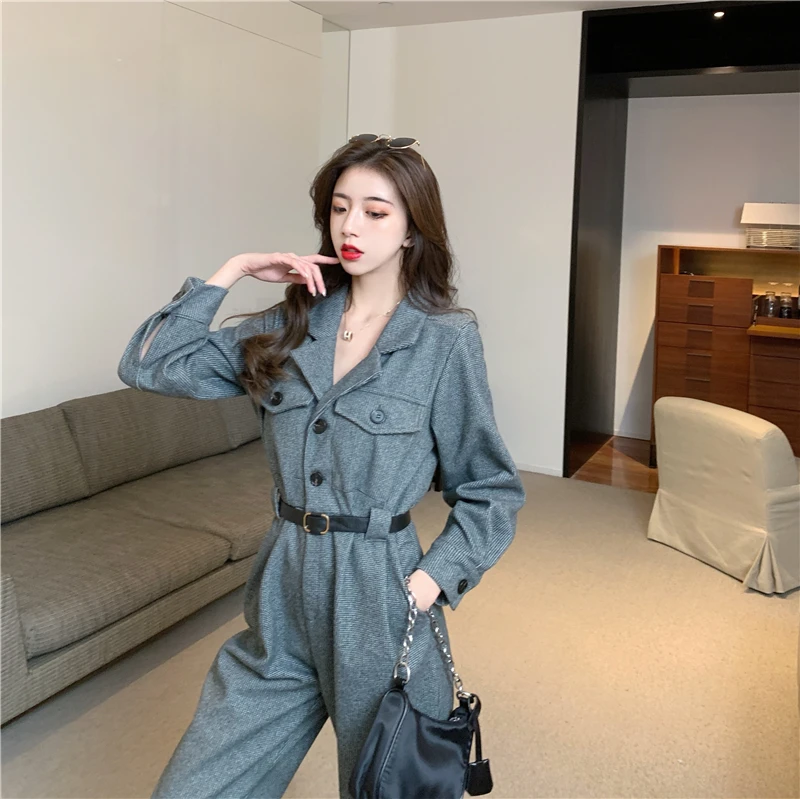 

Autumn Jumpsuit Women's V-Neck Pockets Ankle-Length Straight Cargo Pants High Street Wear Sashes Overalls