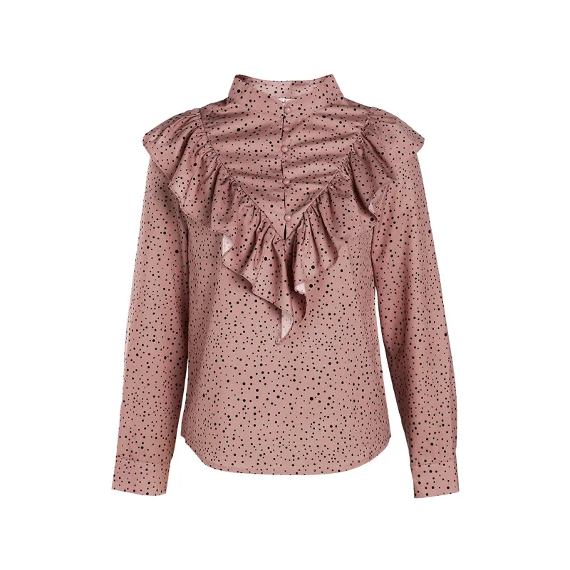 

Casual Polaka Dot Print Ruffle Blouses Shirt Autumn Spring Long Sleeves Women Shirts Elegant Office Lady V-Neck Button Tops Wear