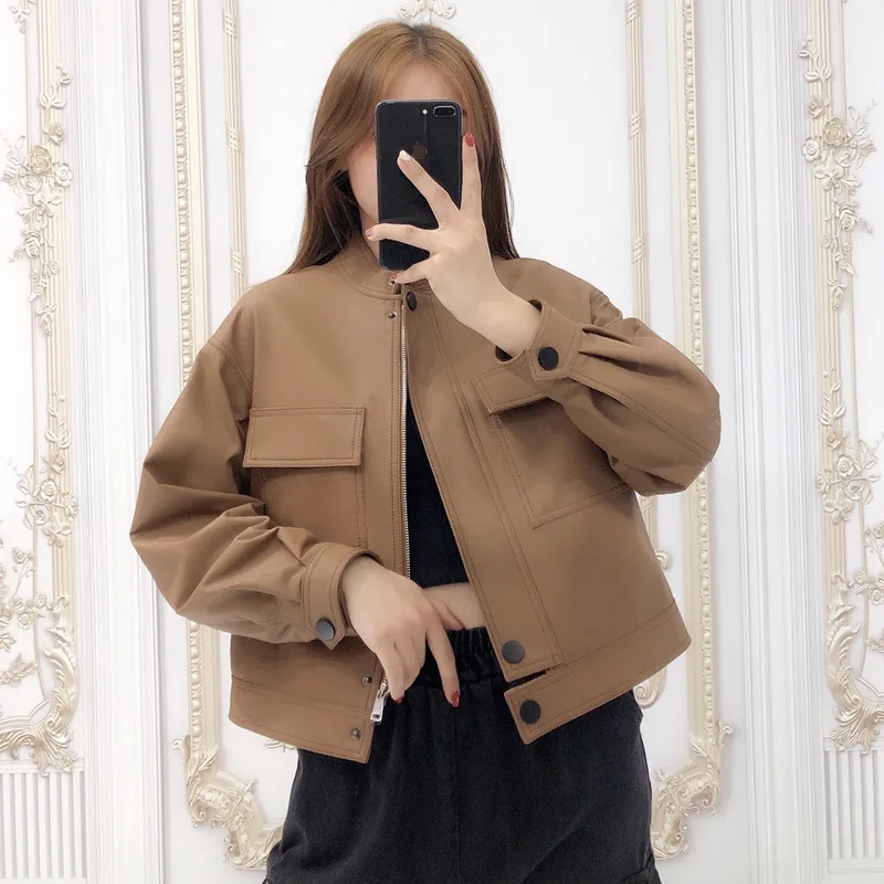 Abrigo de cuero de oveja auténtico para mujer, chaqueta holgada informal de piel de oveja auténtica para motocicleta, abrigos de primavera y otoño, novedad