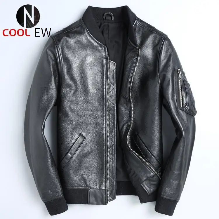

Free shipping.Classic bomber MA-1 leather jacket.men black slim air force cowhide coat.quality genuine leather clothes.