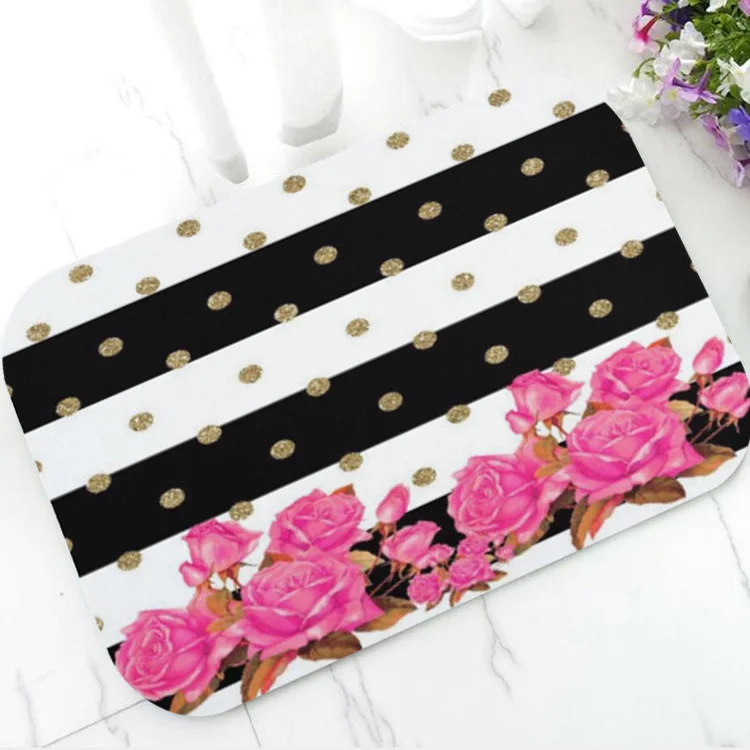 Цветной резиновый коврик в черный белый полосатый с розовыми розами для кухни и