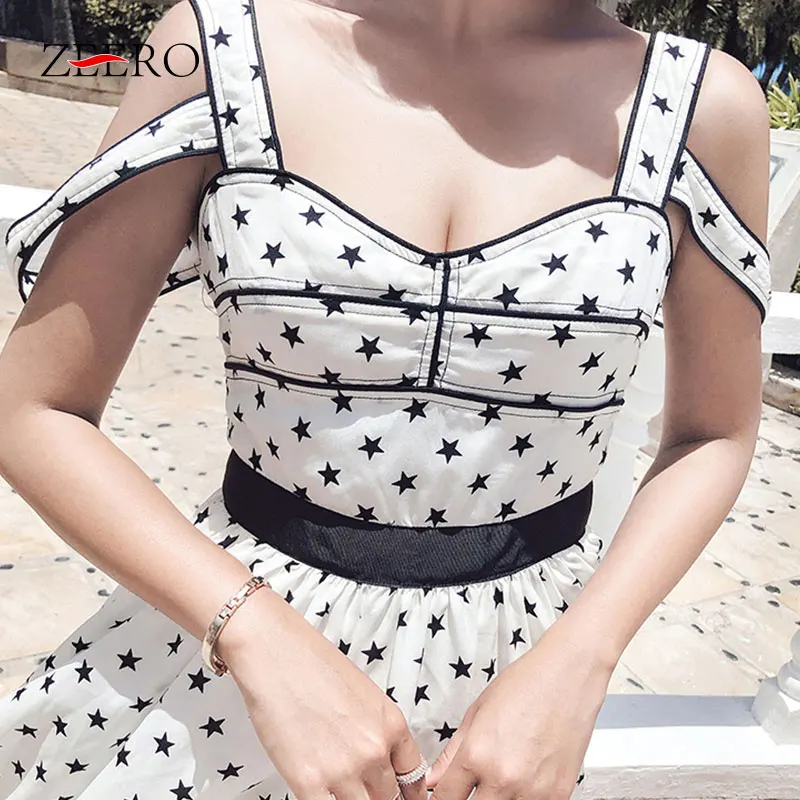 Женское платье Автопортрет на бретельках белое макси с принтом звезд лето