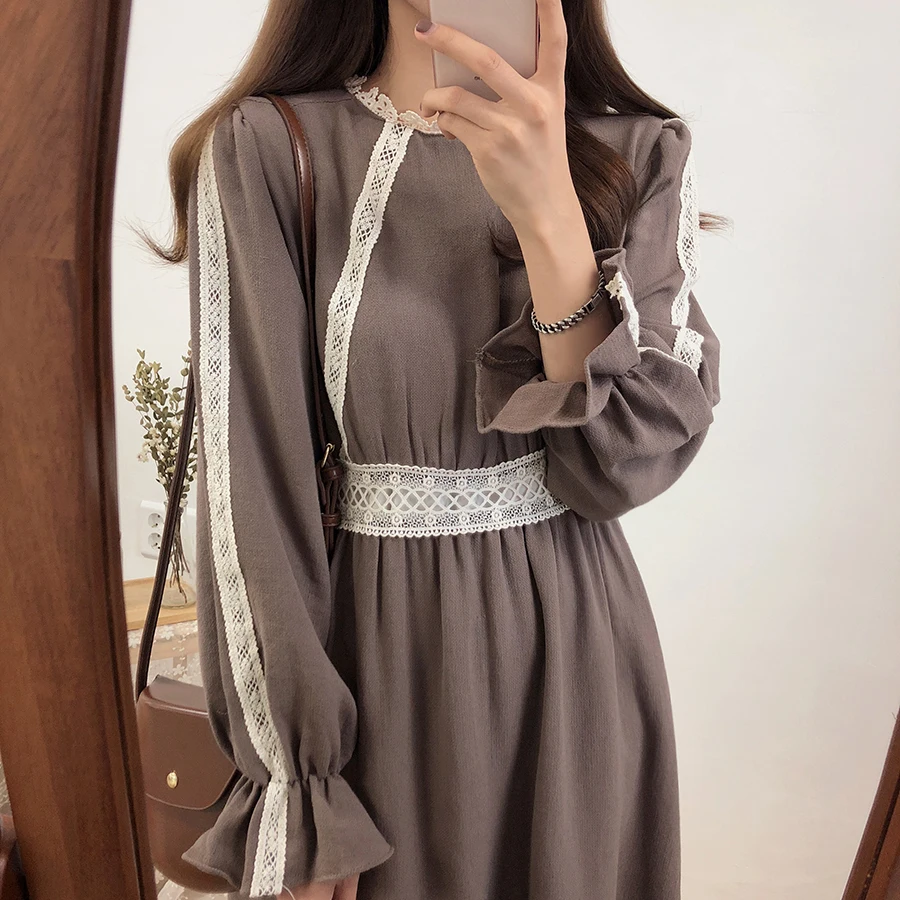 Винтажные Хлопковые женские платья модная осенне зимняя базовая одежда