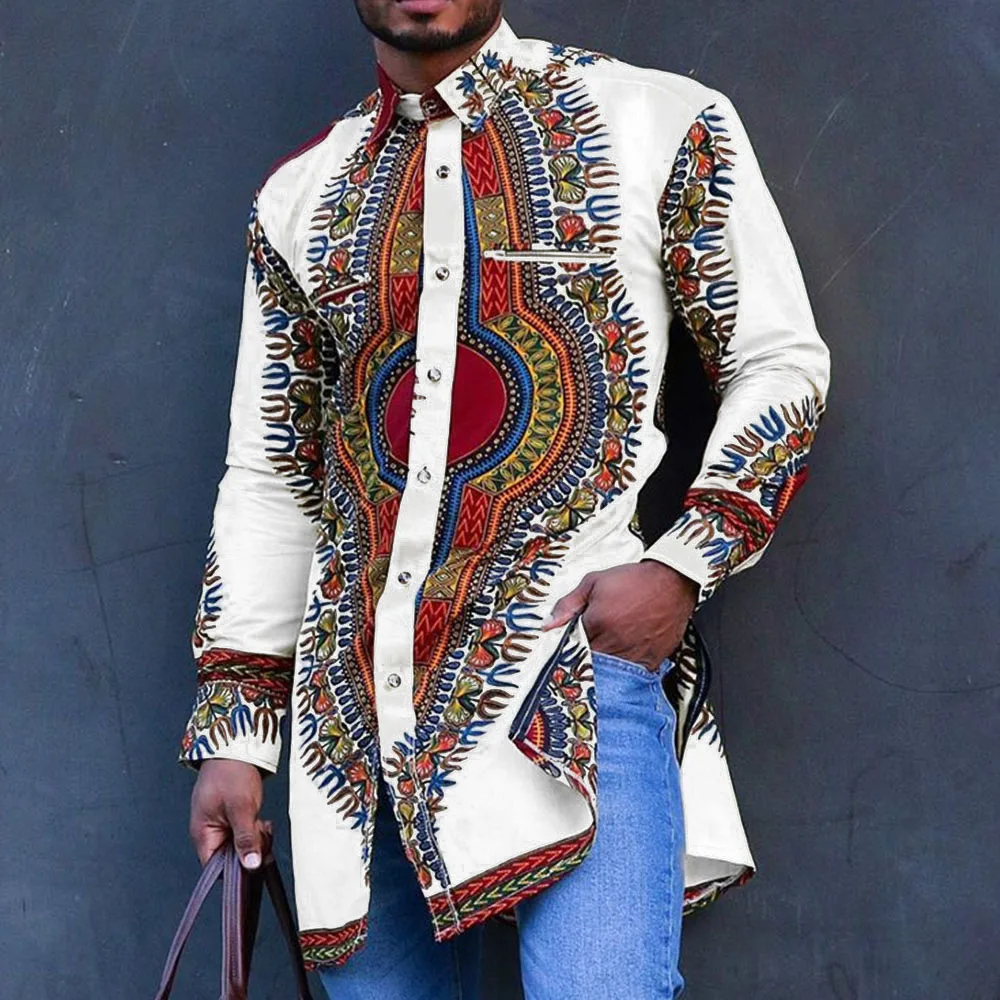 

Chilaba Men's Fashion Print Dashiki T-shirt Muslims Mid-length Long Sleeve Top Casual Slim Shirts African Clothing For Man 2021