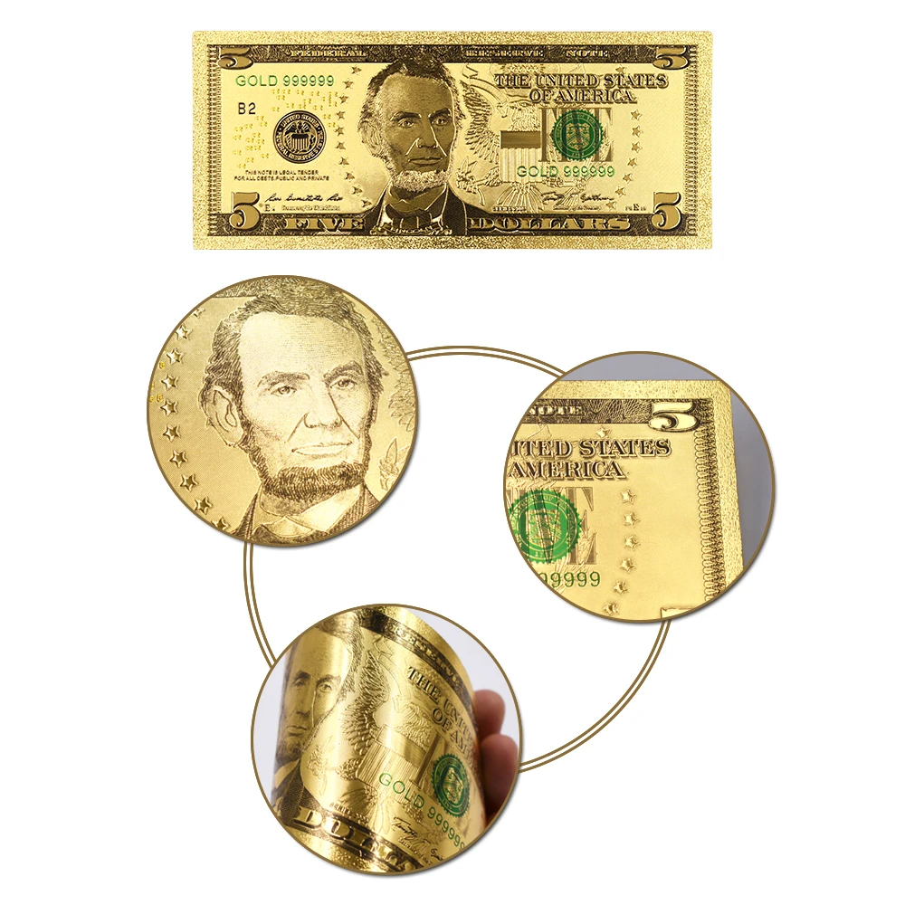 24k Золотая банкнота новая USD 5 доллар американский стиль Рождественская коллекция