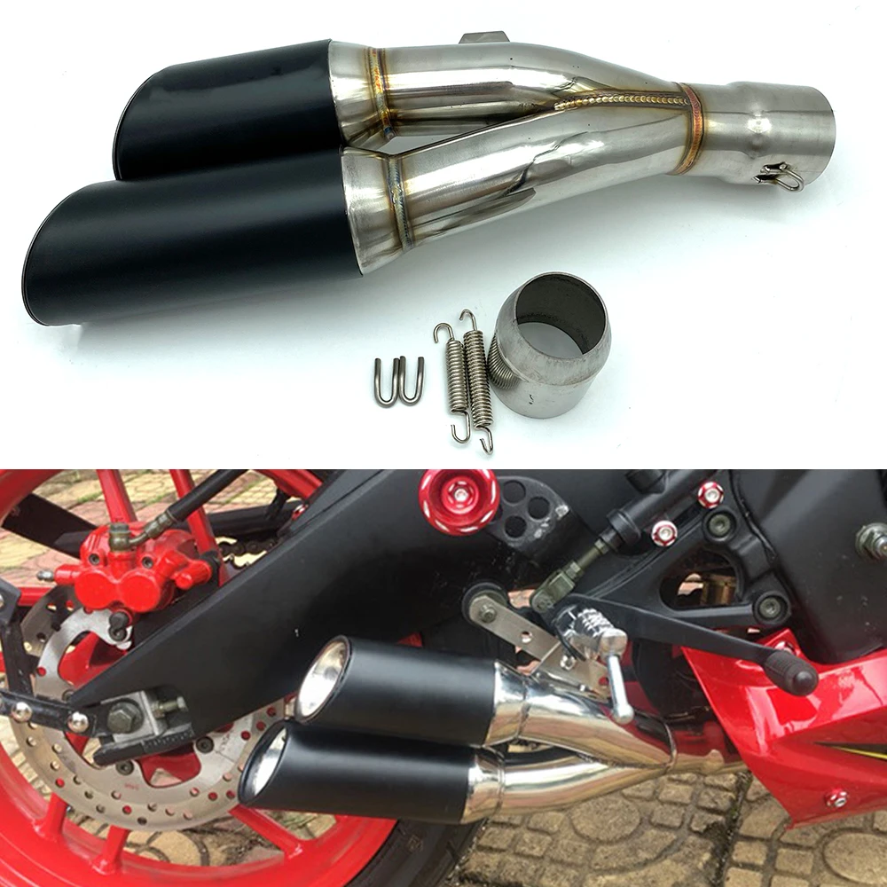 

REALZION 51mm Universal Motorcycle Double Hole Exhaust Connect Pipe Slip On Link Muffler Escape For Benelli 502C R1 R3 R25