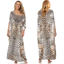 Leopard Print Swimsuit Cover up Plus size Bohemian Maxi Dress Pareos de playa Mujer Kaftan Dress Sarong Tunic for Beach Swimwear