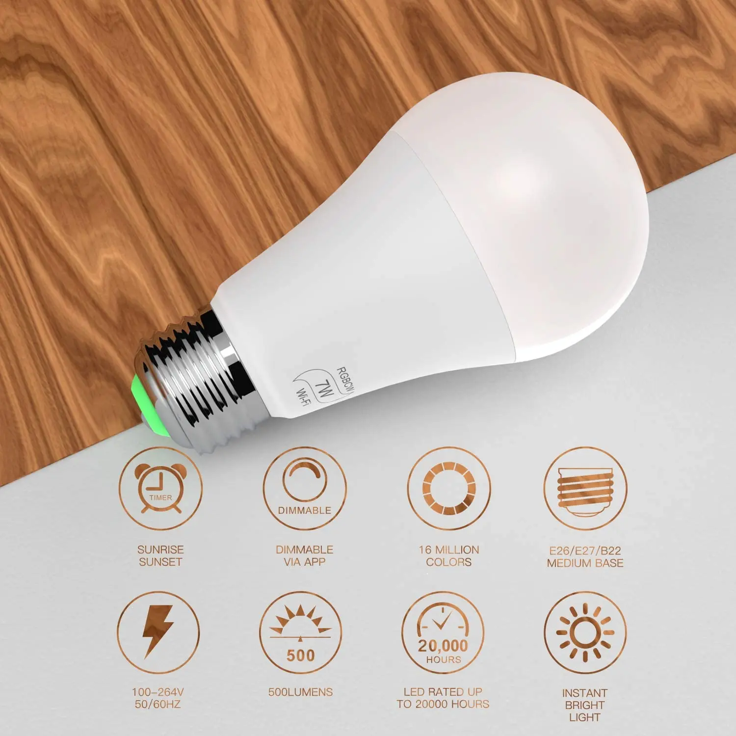 2 шт. светодиодной wifi смарт-лампы e27 a19 e26 ac110v 220v 7W rgb цветовая температура лампы