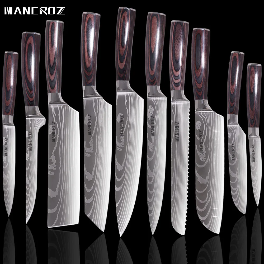 

MANCROZ 8"inch Chef Knives Japanese Kitchen Knife Set Laser Damascus pattern Sharp Santoku Cleaver Paring Stainless Steel Knife