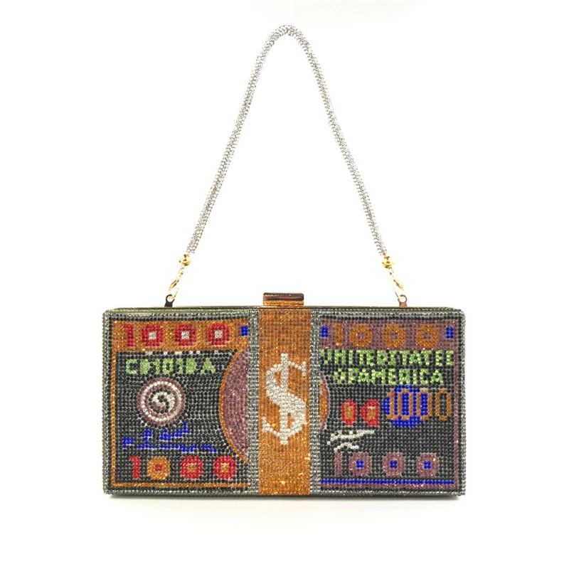 

Money Clutch Rhinestone Purse 10000 Dollars Stack of Cash Evening Handbags 23GE