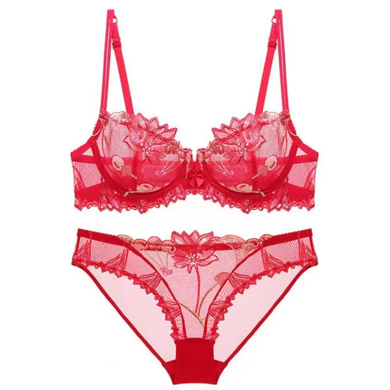 

Hot Selling European And American Ultra-thin Transparent Lace Mesh Flower Embroidery High-end Sexy Underwear Bra Set Women's Sum