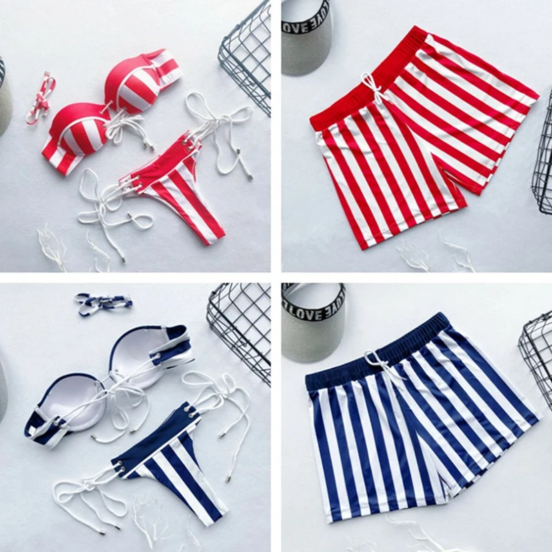 Летний полосатый купальник biquinis комплект для женщин и мужчин пляжный купальный