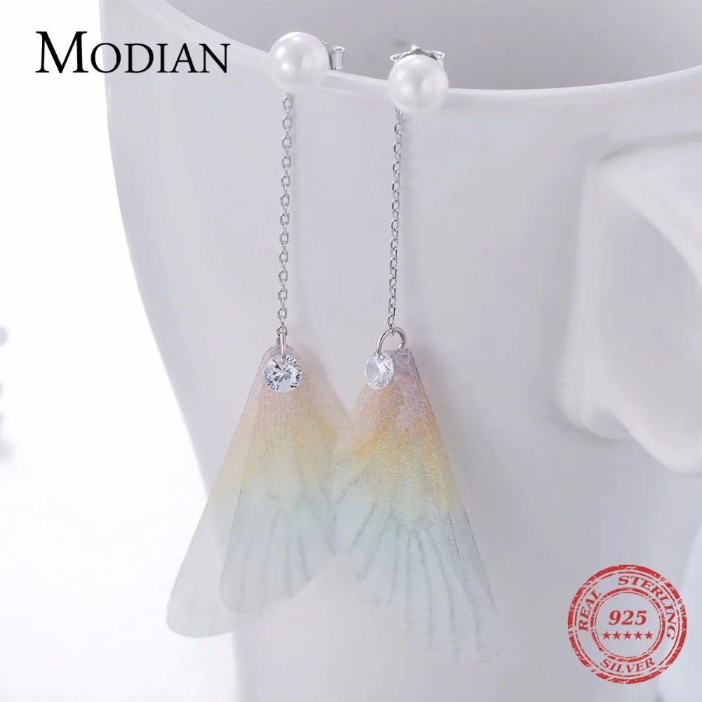 Modian чистый 925 стерлингового серебра Красочные перо Висячие серьги модные