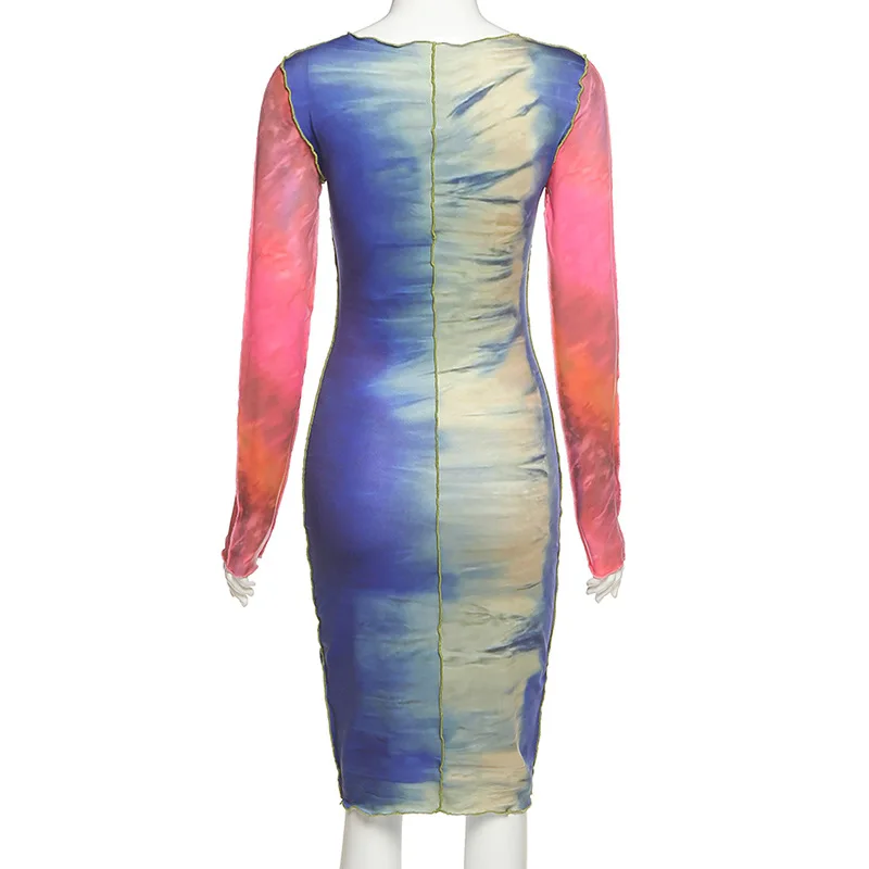 

Long Sleeve Tie dye Patchwork Dress Bodycon Women's Autumn Winter New Fashion O Neck Party Elegant Slim Pencil Dress Streetwear