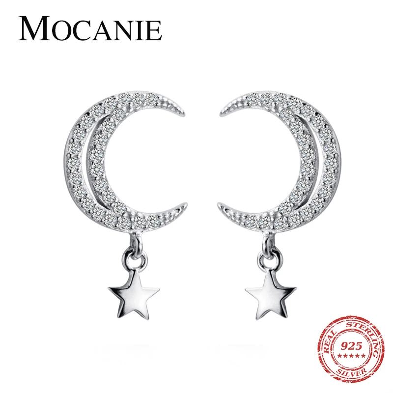

Mocanie Sparkling Zircon Luxury Moon Star Sterling Silver 925 Stud Earring for Women Tiny Ear Pin Engagement Party Fine Jewelry