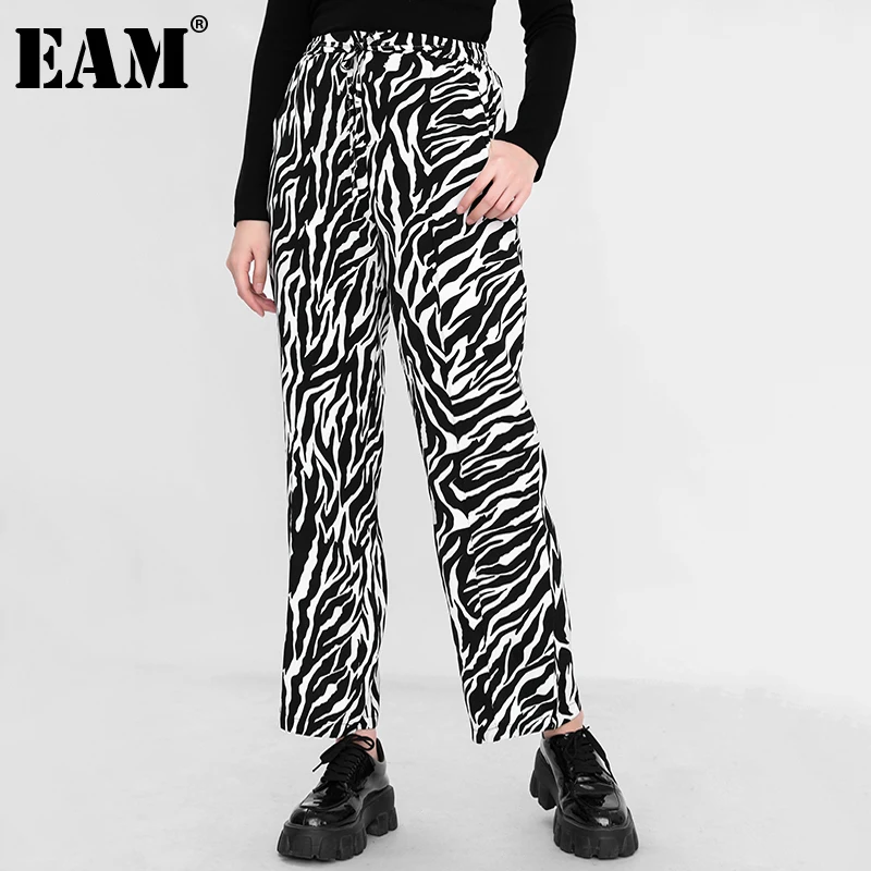 

[EAM] High Elastic Waist Black Zebra Stripe Wide Leg Trousers New Loose Fit Pants Women Fashion Spring Autumn 2021 1DE202701