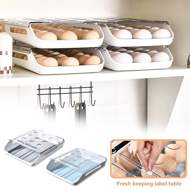 

Refrigerator Egg Storage Box Automatic Rolling Egg Box Transparent Drawer Tray With Silicone Pad SpaceSaver Kitchen Storage Tool