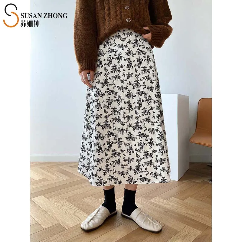 

Women Skirts Female Bottoms 2021 Spring Elegant Office A-Line Loose Floral Flower Print Chiffon Elastic Waist Long Romantic Cozy