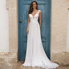 Белыйслоновая кость пляжное свадебное платье es размера плюс с короткими рукавами Топ с v-образным вырезом, кружевное платье А-линейное шифоновое платье; Robe De Mariage Boho Свадебное платье