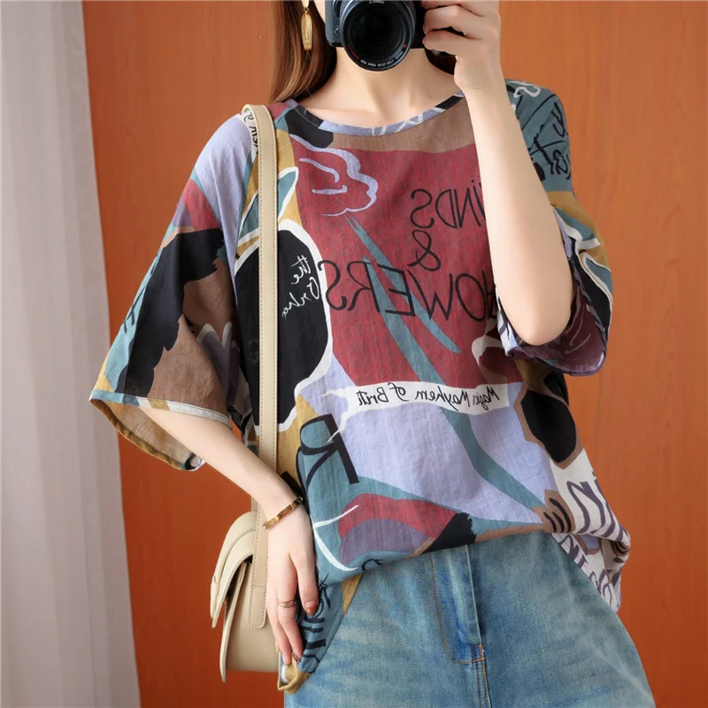 

Houthion New Short-sleeved Women T-shirt Fashion Plus Size Loose Cotton T Shirt Summer Printing O-Neck Korean Comfortable Tshirt