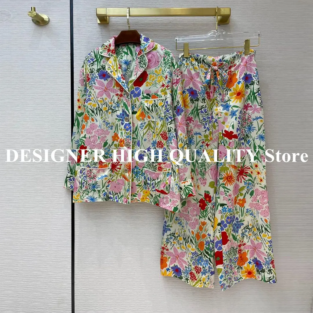 2021 New 2 Piece Set Women Pajama Suits Floral Print Lapel Long Sleeve Loose Shirt Blouse With Wide Leg Pants Suit Retro Pajamas
