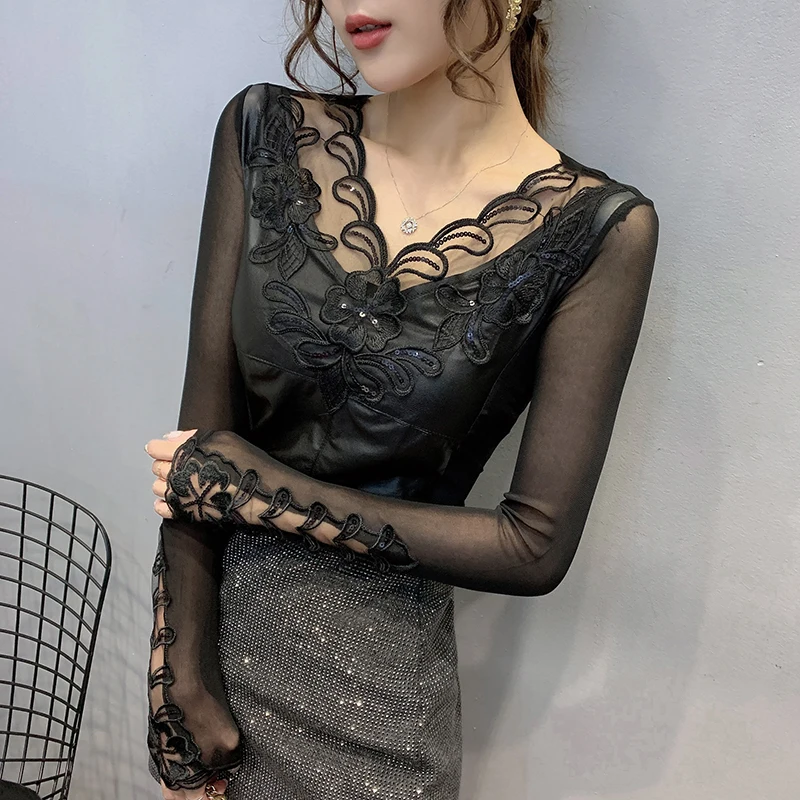 Модная одежда сексуальная Лоскутная Сетчатая футболка с вышивкой новинка 2020