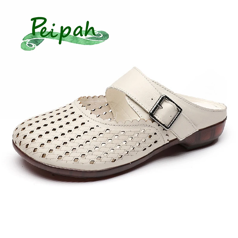 

PEIPAH 2020 Brand Design Genuine Leather Wrap Toes Slippers Women's Buckle Flat With Shoes Woman Retro Casual Outside Slides