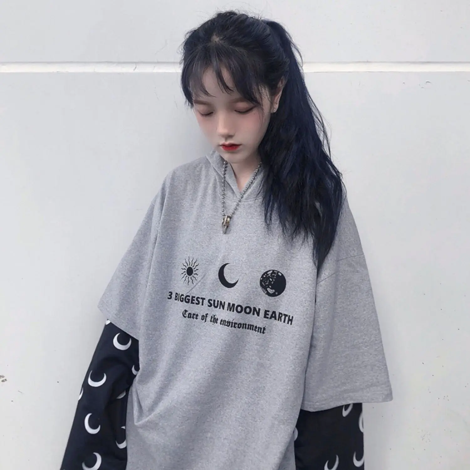Harajuku уличная Винтажная Футболка для женщин, одежда, осень, корейский Ulzzang, с принтом, с капюшоном, Футболки женские, полный поддельные два топа