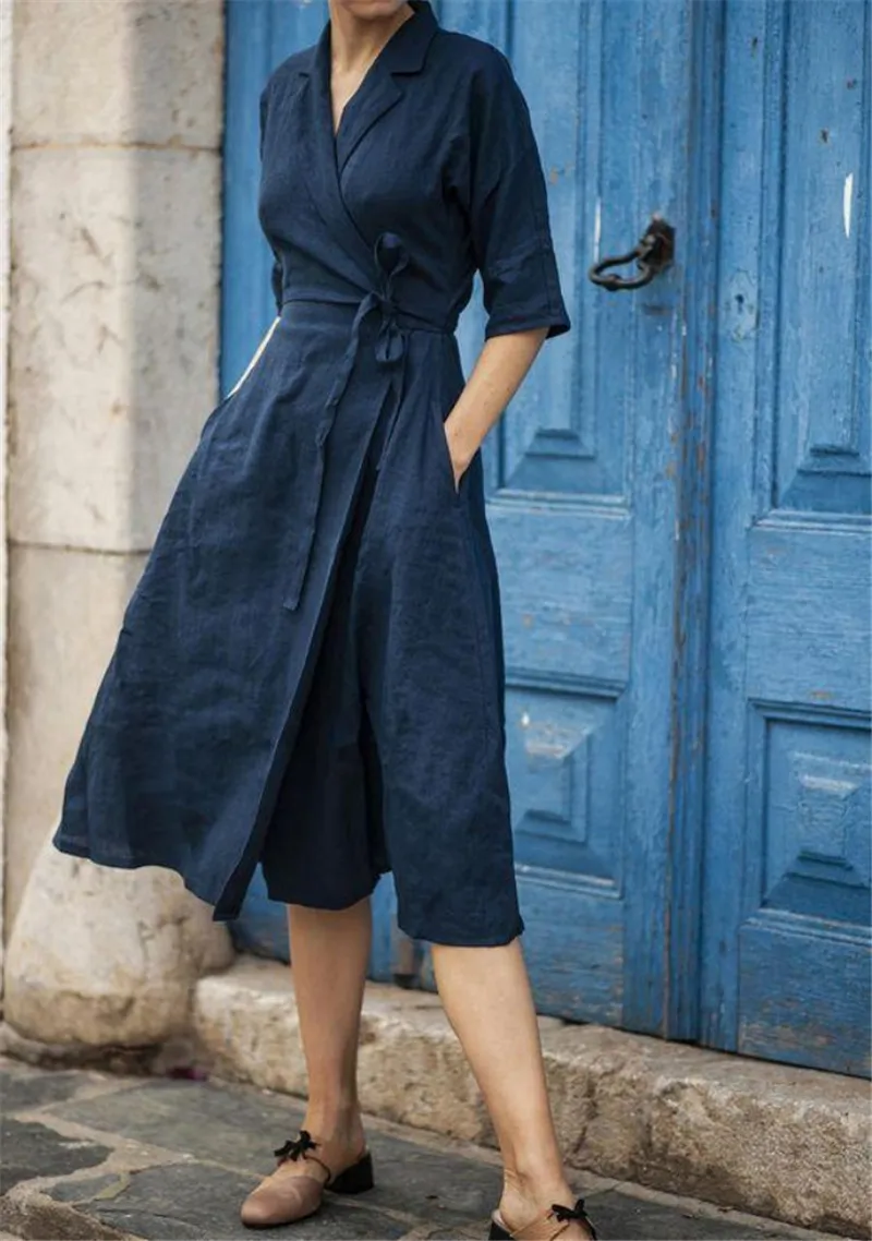 

Solid yellow blue wrap midi dress Casual 3/4 sleeve turn-down collar dress 2021 cotton and linen summer clothes for women