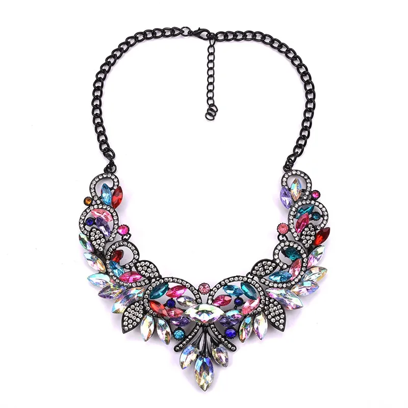 Люксовый Бренд AB Блеск Хрустальный Цветок Цепь Choker Заявление Ожерелья Подвески Горный Хрусталь Нагрудник Воротник - Окраска металла: rainbow